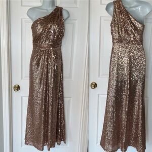 Revelry Starla Sequin Dress Womens‎ Size 6 Gold One Shoulder Empire Waist Party